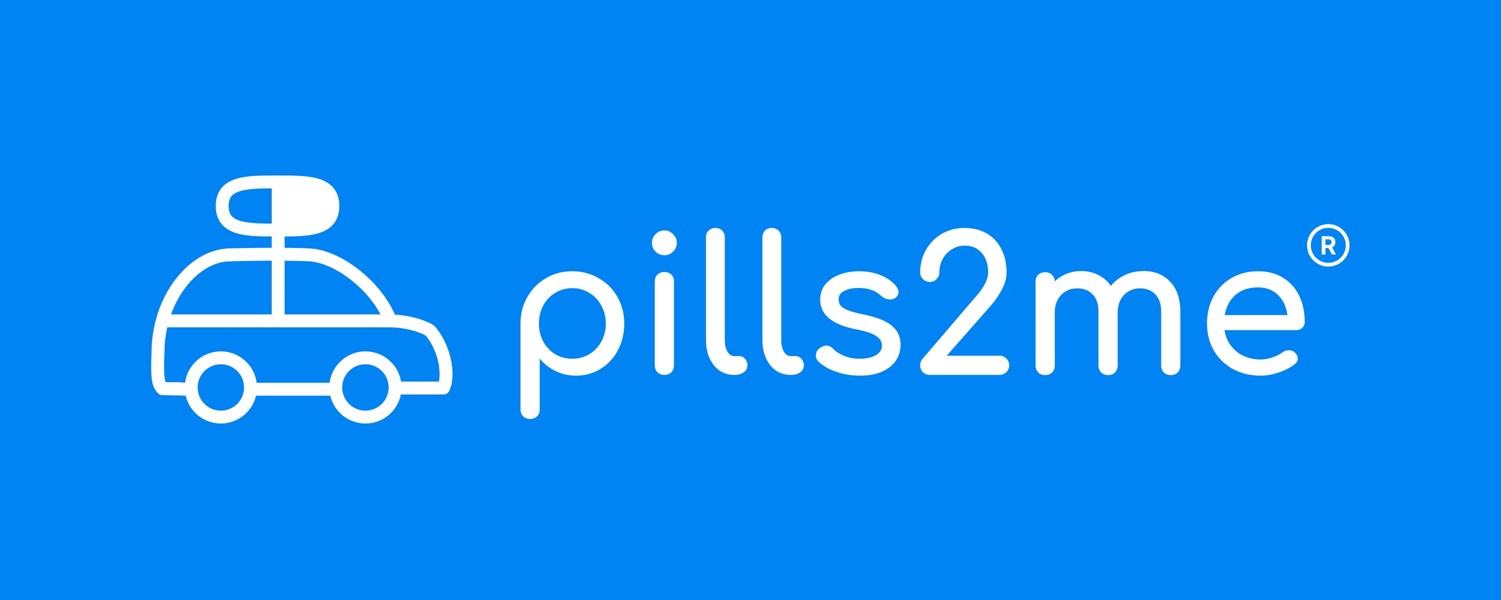 Pills2Me primary logo in white on a blue background