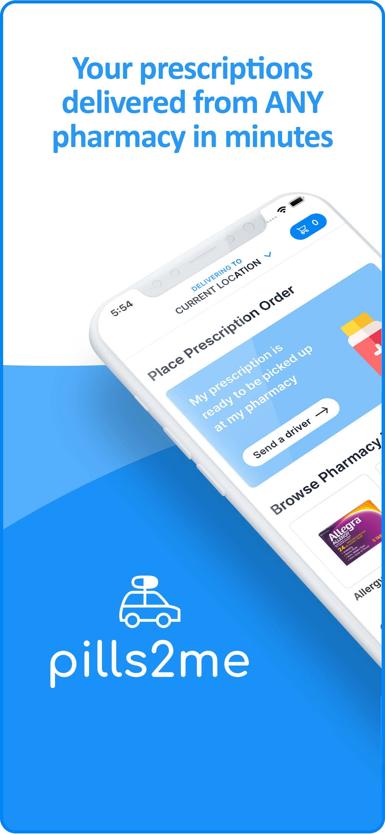 Pills2Me app screen: Delivered from any pharmacy