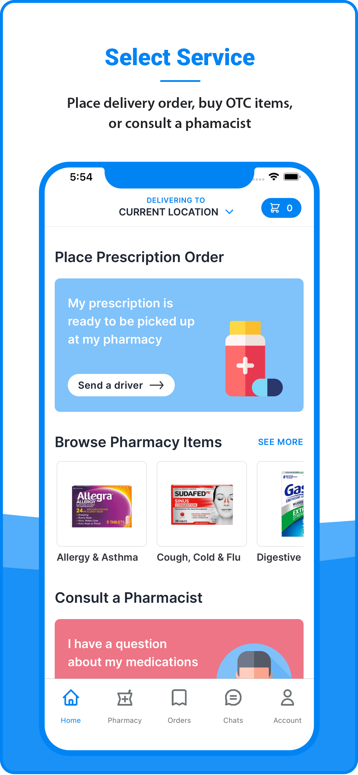 Pills2Me app screen: Select service