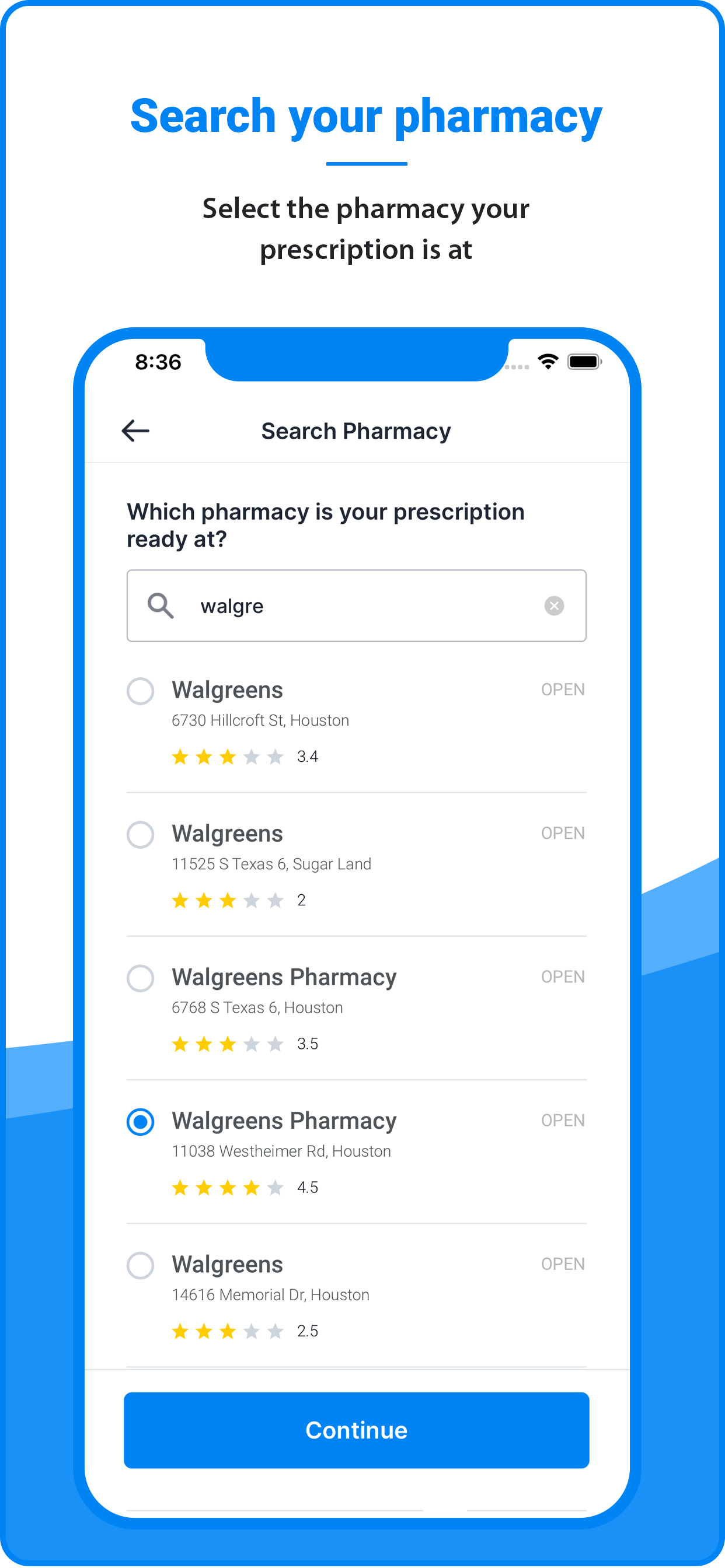 Pills2Me app screen: Select your pharmacy